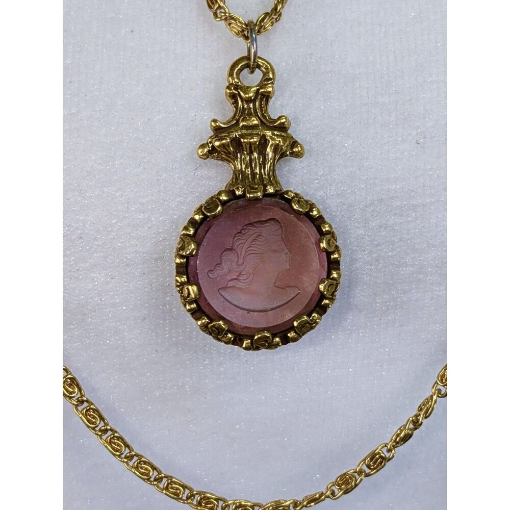 Vtg Goldette Purple Glass Intaglio Cameo 3 Strand Necklace Gold Tone